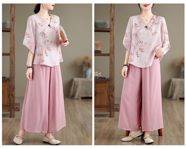 Set: Elbow-Sleeve V-Neck Floral Print Tie Front Wrap Top + High Waist Plain Wide Leg Pants SpreePicky