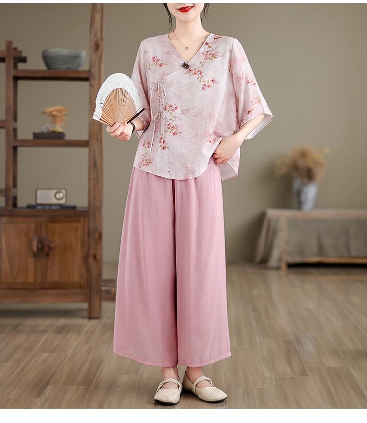 Set: Elbow-Sleeve V-Neck Floral Print Tie Front Wrap Top + High Waist Plain Wide Leg Pants SpreePicky