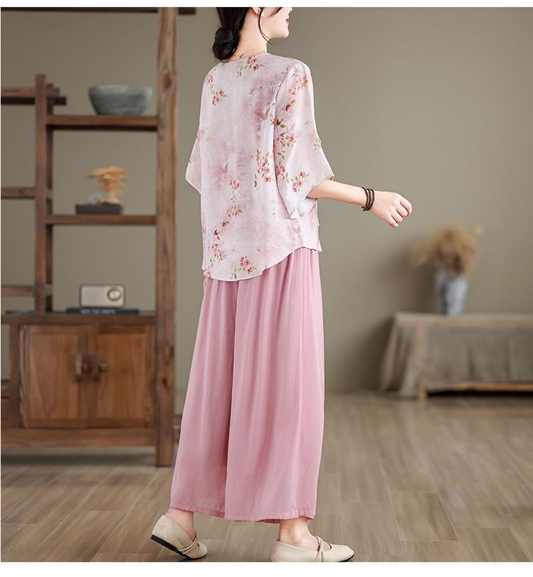 Set: Elbow-Sleeve V-Neck Floral Print Tie Front Wrap Top + High Waist Plain Wide Leg Pants SpreePicky