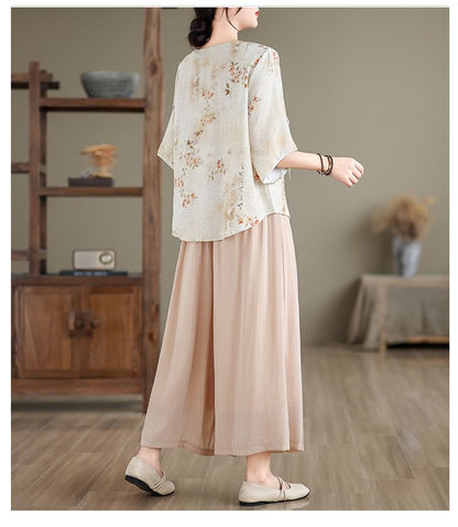 Set: Elbow-Sleeve V-Neck Floral Print Tie Front Wrap Top + High Waist Plain Wide Leg Pants SpreePicky