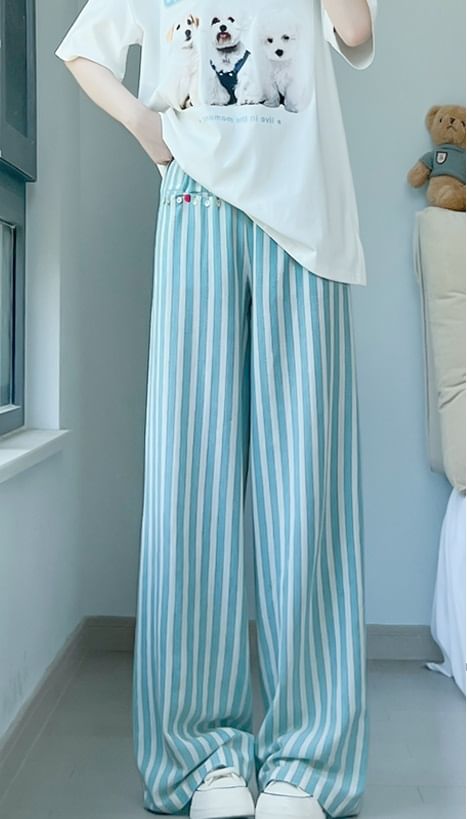 Button Applique High Rise Contrast Stripe Wide Leg Sweatpants SpreePicky