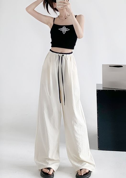 Contrast Panel Drawstring High Rise Wide Leg Sweatpants SpreePicky