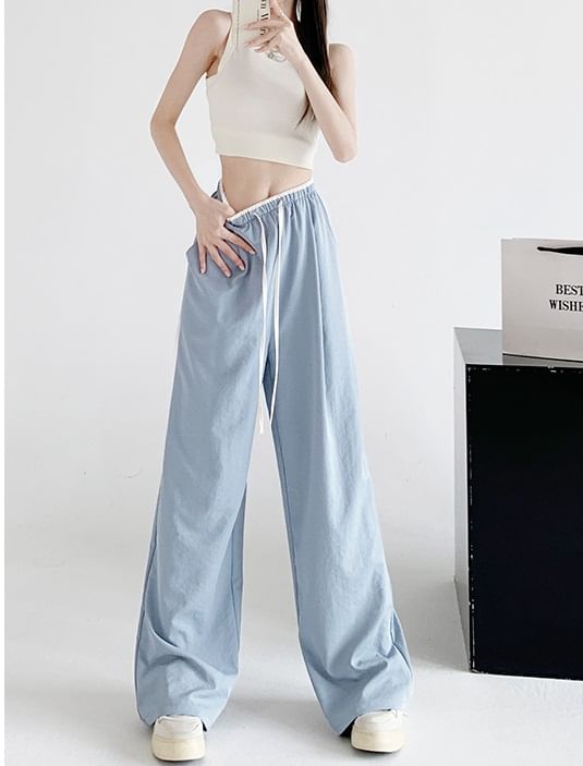 Contrast Panel Drawstring High Rise Wide Leg Sweatpants SpreePicky