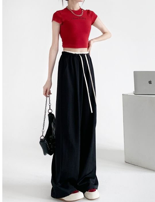 Contrast Panel Drawstring High Rise Wide Leg Sweatpants SpreePicky