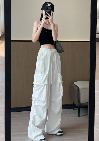 Bow Accent High Waist Plain Wide Leg Parachute Cargo Sweatpants SpreePicky