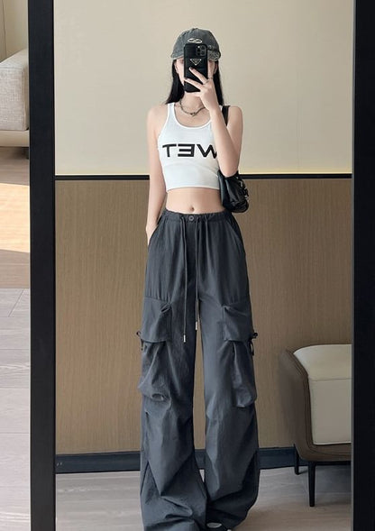 Bow Accent High Waist Plain Wide Leg Parachute Cargo Sweatpants SpreePicky