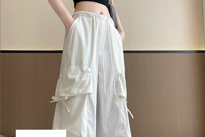 Bow Accent High Waist Plain Wide Leg Parachute Cargo Sweatpants SpreePicky