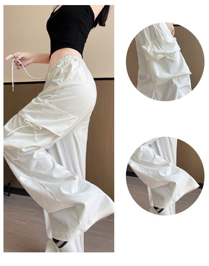 Bow Accent High Waist Plain Wide Leg Parachute Cargo Sweatpants SpreePicky