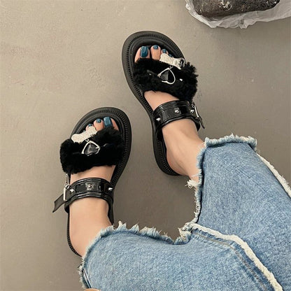 Heart Buckled Studded Platform Slide Sandals mySite