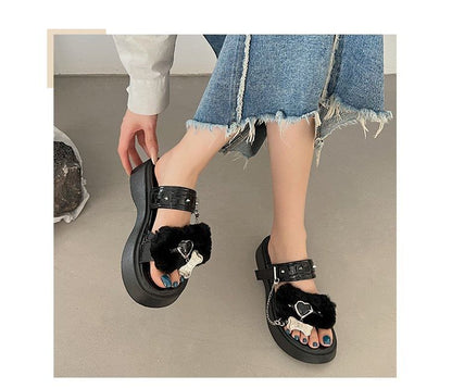 Heart Buckled Studded Platform Slide Sandals mySite