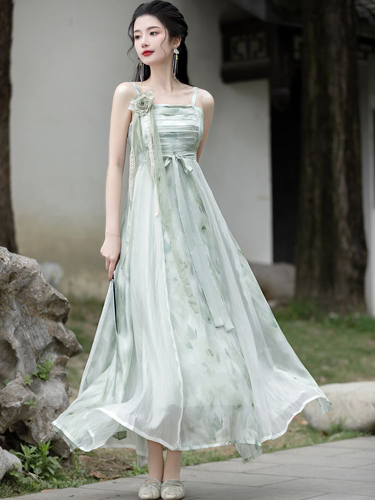 Traditional Chinese Spaghetti Strap Print Faux Pearl Midi A-Line Dress / Light Jacket / Flower Brooch SpreePicky