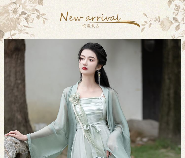 Traditional Chinese Spaghetti Strap Print Faux Pearl Midi A-Line Dress / Light Jacket / Flower Brooch SpreePicky