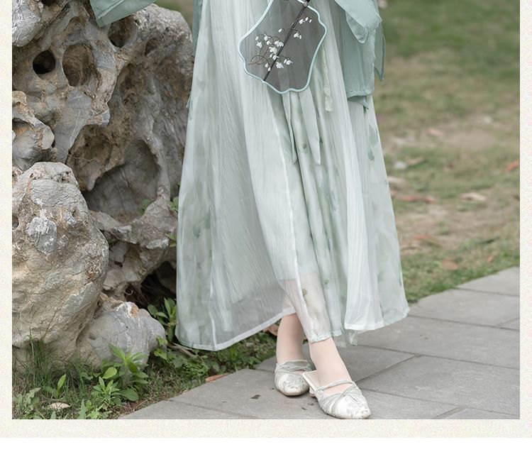 Traditional Chinese Spaghetti Strap Print Faux Pearl Midi A-Line Dress / Light Jacket / Flower Brooch SpreePicky