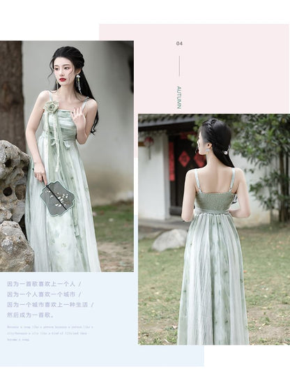 Traditional Chinese Spaghetti Strap Print Faux Pearl Midi A-Line Dress / Light Jacket / Flower Brooch SpreePicky