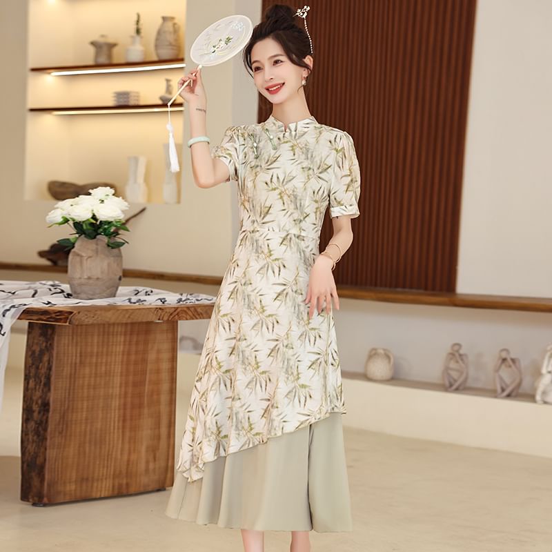 Short-Sleeve Leaf Print Panel Midi A-Line Qipao SpreePicky