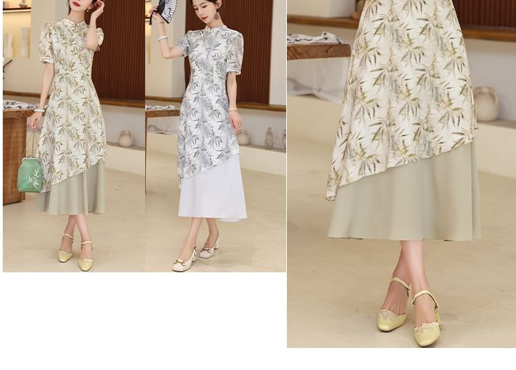 Short-Sleeve Leaf Print Panel Midi A-Line Qipao SpreePicky