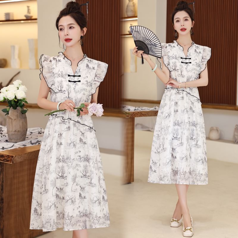 Cap-Sleeve Print Frog Button Midi A-Line Dress SpreePicky