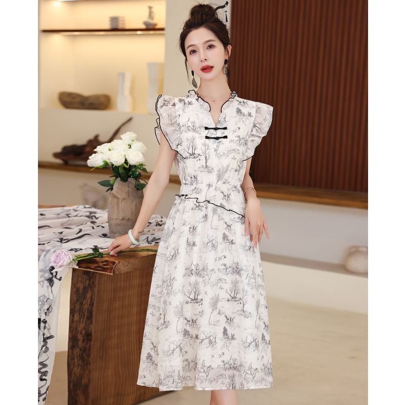 Cap-Sleeve Print Frog Button Midi A-Line Dress SpreePicky