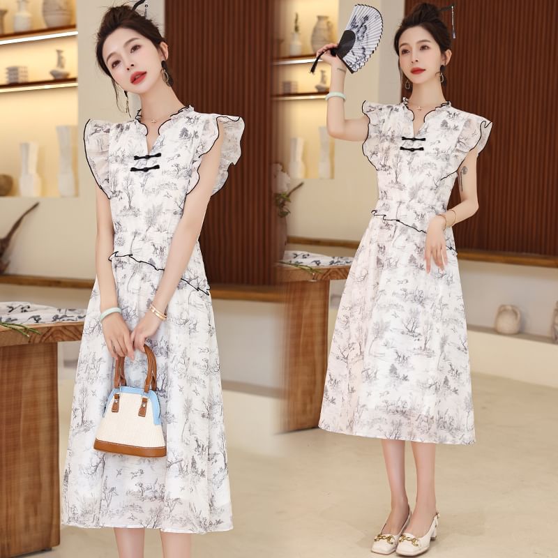 Cap-Sleeve Print Frog Button Midi A-Line Dress SpreePicky