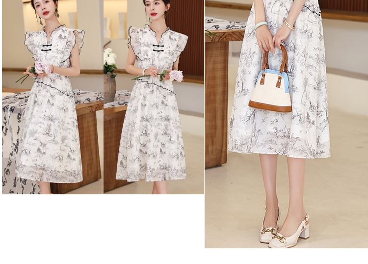 Cap-Sleeve Print Frog Button Midi A-Line Dress SpreePicky