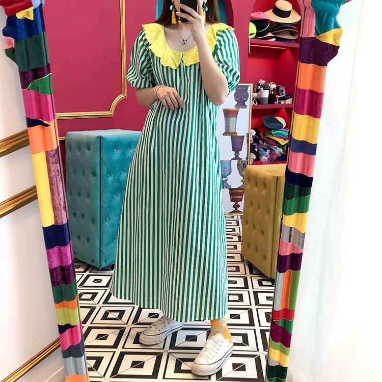 Short-Sleeve Ruffle Striped Maxi A-Line Dress SpreePicky