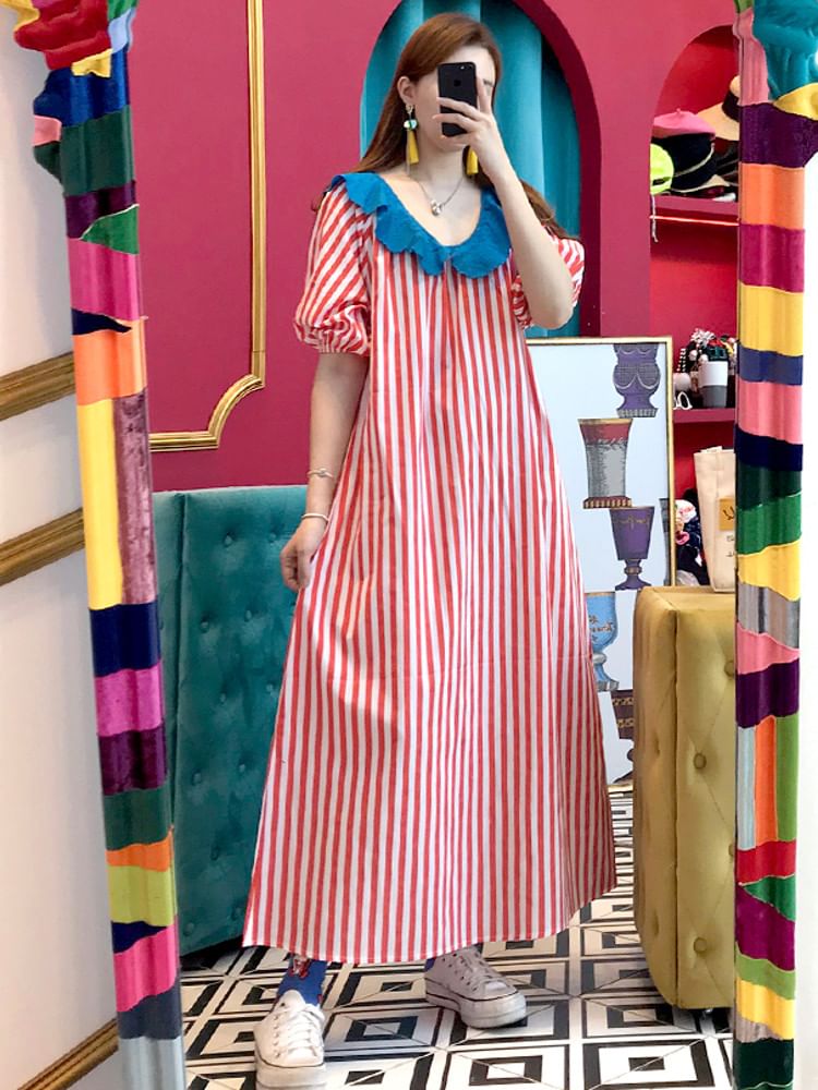 Short-Sleeve Ruffle Striped Maxi A-Line Dress SpreePicky