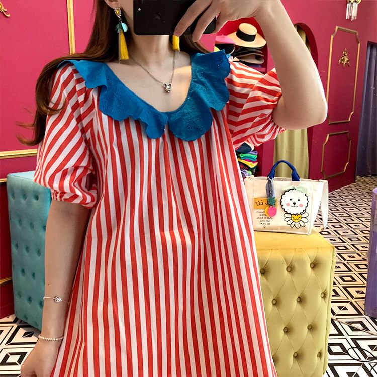 Short-Sleeve Ruffle Striped Maxi A-Line Dress SpreePicky