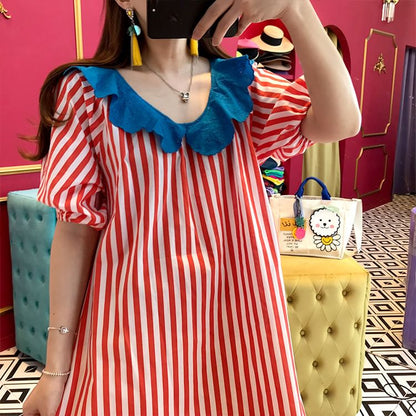 Short-Sleeve Ruffle Striped Maxi A-Line Dress SpreePicky