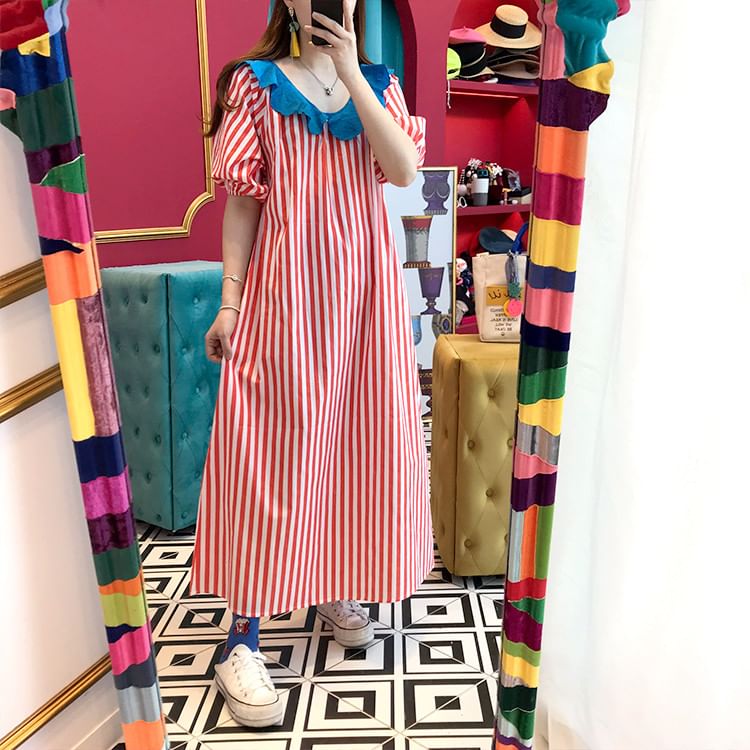 Short-Sleeve Ruffle Striped Maxi A-Line Dress SpreePicky