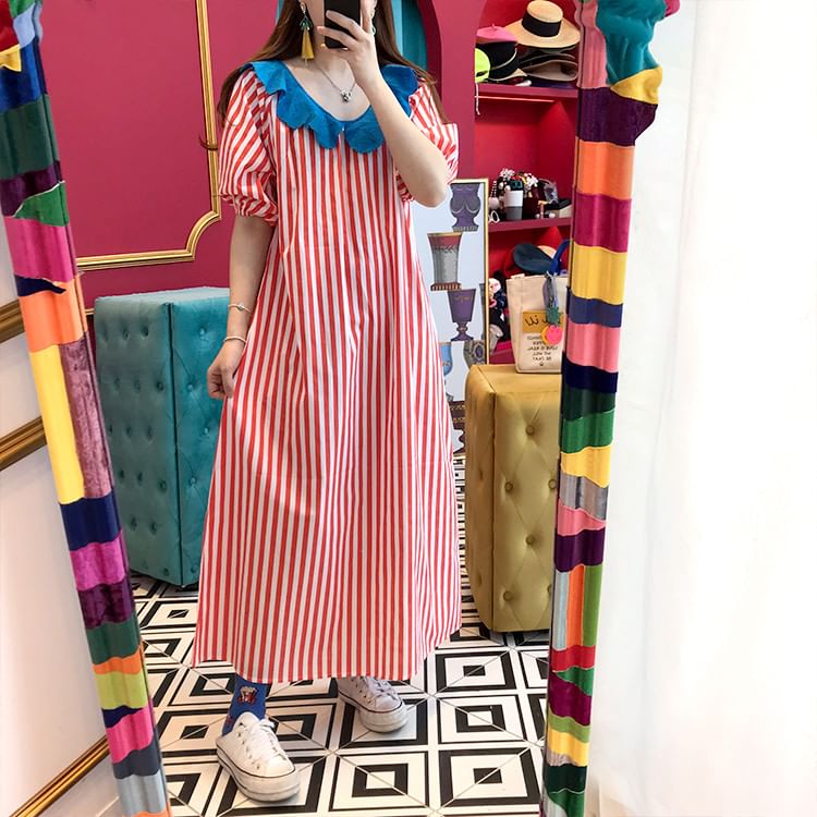 Short-Sleeve Ruffle Striped Maxi A-Line Dress SpreePicky