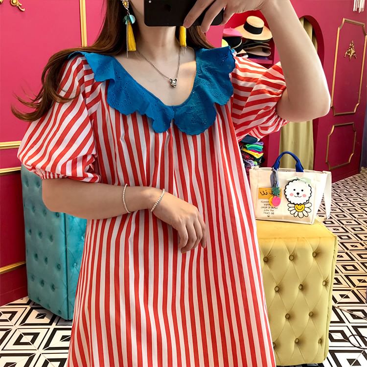 Short-Sleeve Ruffle Striped Maxi A-Line Dress SpreePicky