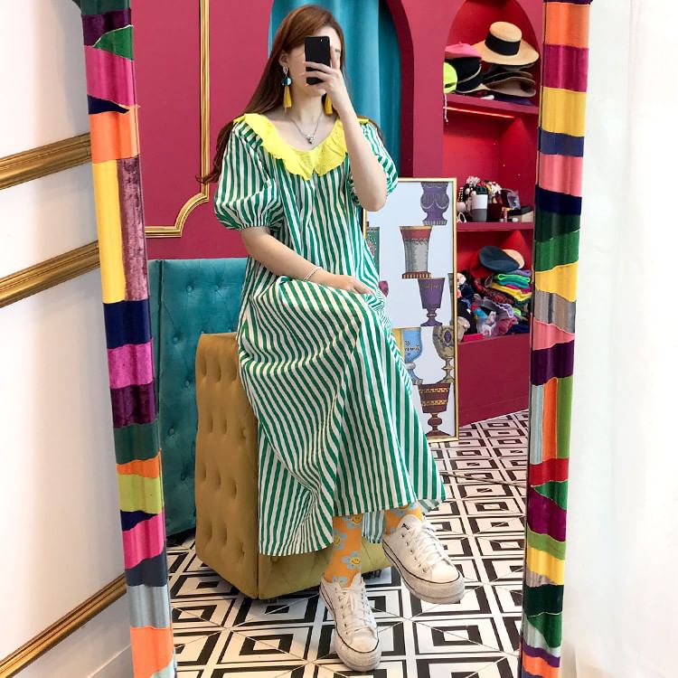 Short-Sleeve Ruffle Striped Maxi A-Line Dress SpreePicky