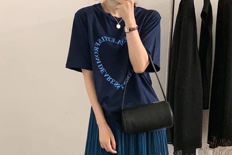 Short-Sleeve Crewneck Lettering Tee / High Rise Midi Pleated Skirt SpreePicky