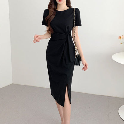 Short-Sleeve Crewneck Sashed Plain Midi Sheath Dress SpreePicky