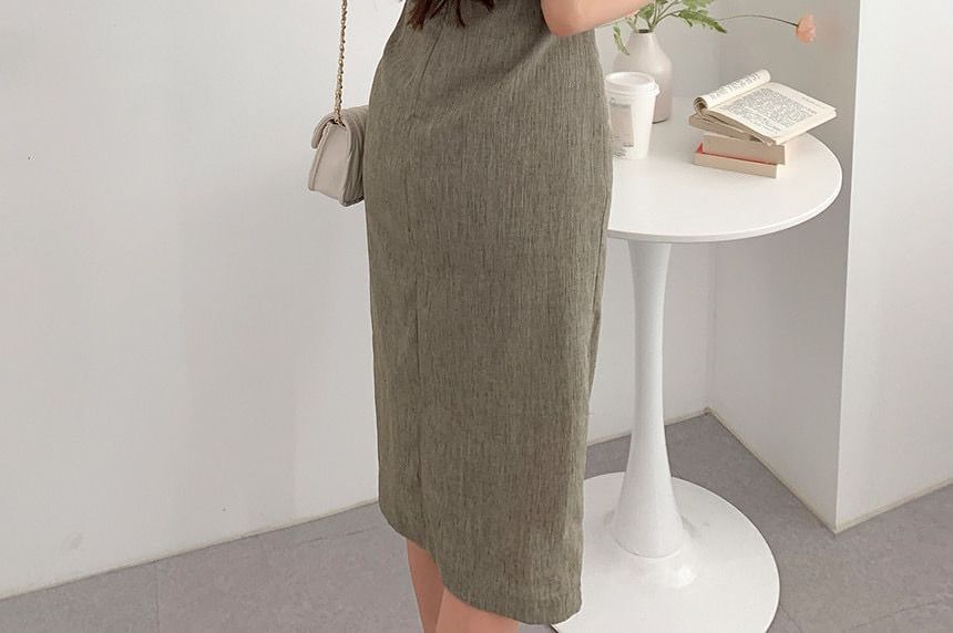 Short-Sleeve Crewneck Sashed Plain Midi Sheath Dress SpreePicky