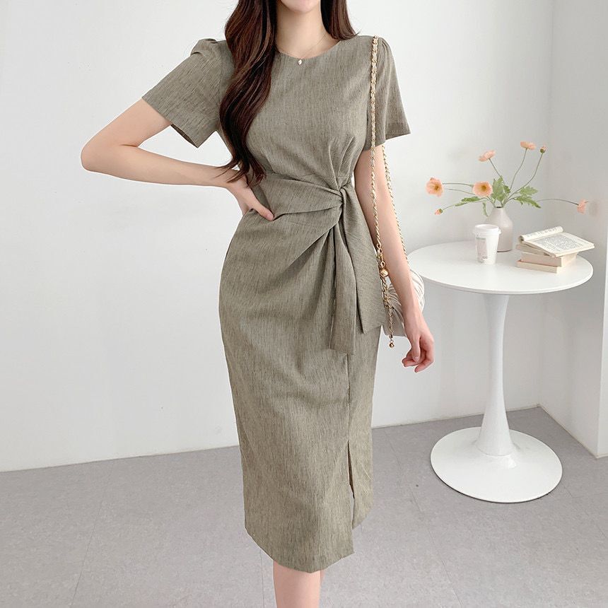 Short-Sleeve Crewneck Sashed Plain Midi Sheath Dress SpreePicky