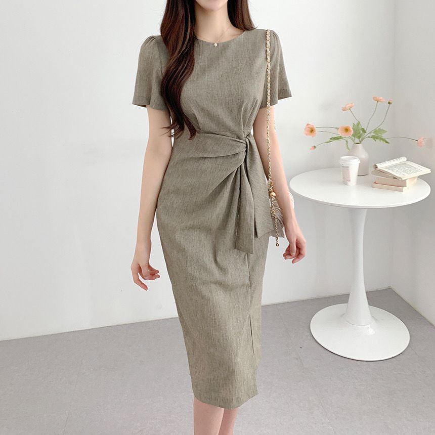 Short-Sleeve Crewneck Sashed Plain Midi Sheath Dress SpreePicky