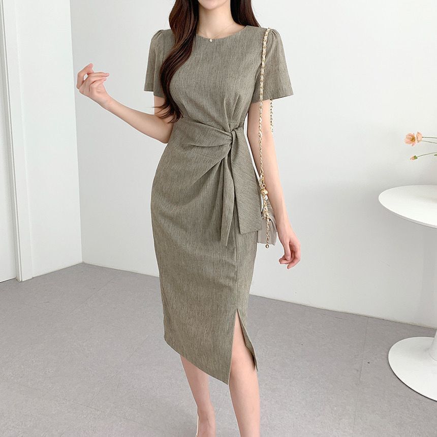 Short-Sleeve Crewneck Sashed Plain Midi Sheath Dress SpreePicky