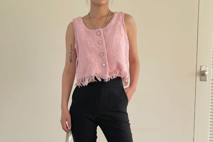 U-Neck Button-Up Plain Crop Vest mySite