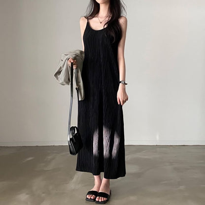 Sleeveless Ribbed Plain Maxi A-Line Dress SpreePicky