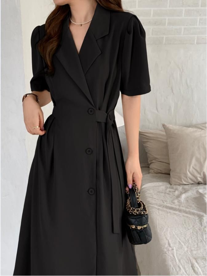 Short-Sleeve Button-Up Sashed Plain Midi A-Line Dress mySite