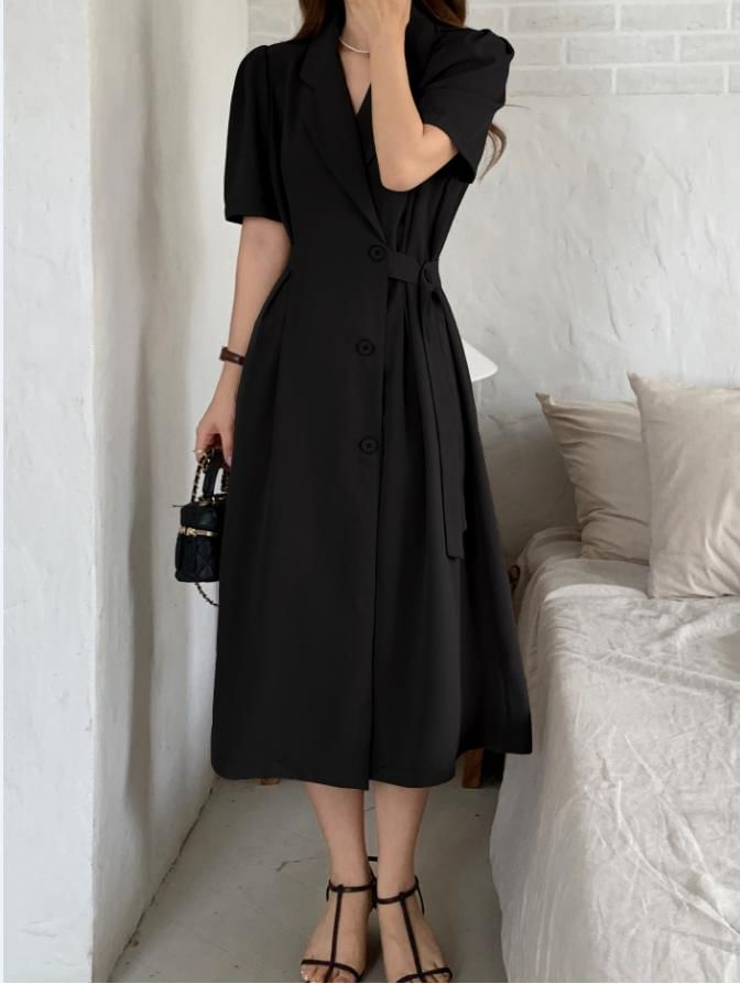 Short-Sleeve Button-Up Sashed Plain Midi A-Line Dress mySite