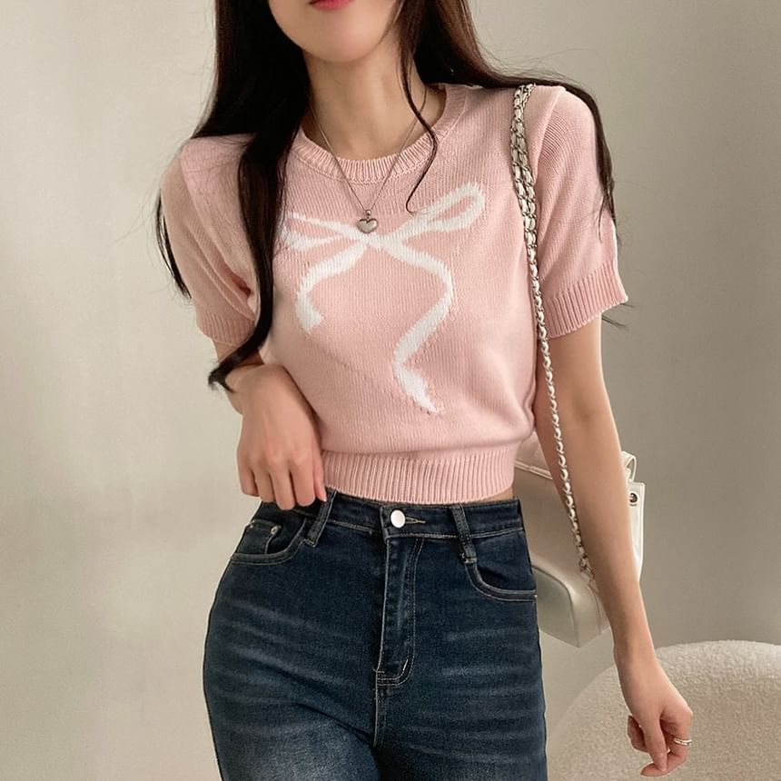 Short-Sleeve Crewneck Ribbon Jacquard Plain Knit Top SpreePicky