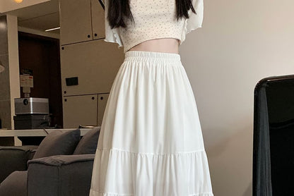 High Rise Plain Frill Trim Midi A-Line Skirt mySite