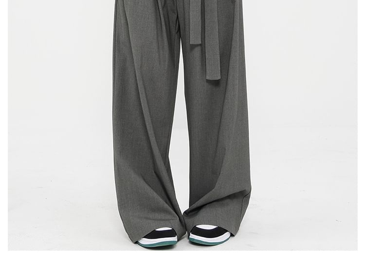 Low Rise Tie-Rise Plain Loose-Fit Wide-Leg Pants SpreePicky