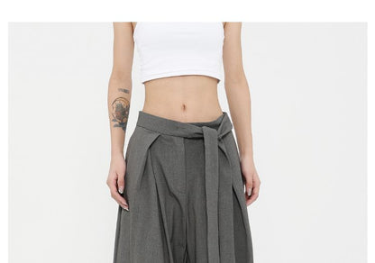 Low Rise Tie-Rise Plain Loose-Fit Wide-Leg Pants SpreePicky