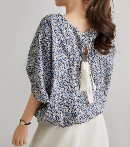 Balloon Sleeve Round Neck Floral Print Tie Back Blouse SpreePicky