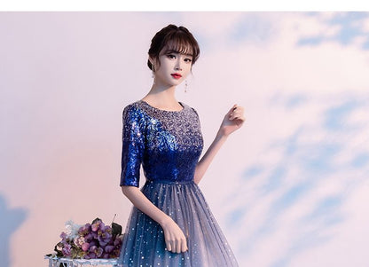 Elbow-Sleeve Sequin Mesh A-Line Evening Gown SpreePicky