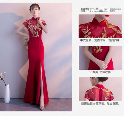 Traditional Chinese Cap-Sleeve Embroidered Mermaid Evening Gown SpreePicky