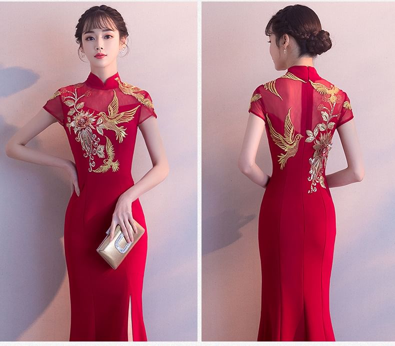 Traditional Chinese Cap-Sleeve Embroidered Mermaid Evening Gown SpreePicky